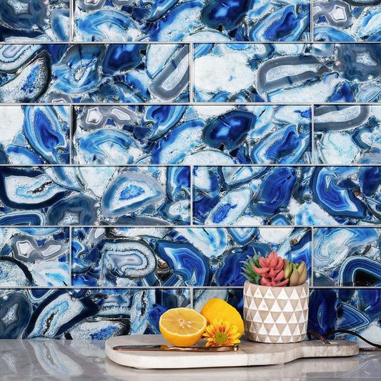 Vibrant Blue Gemstone Agate Glass Tile Backsplash with Fresh Fruit and Succulents