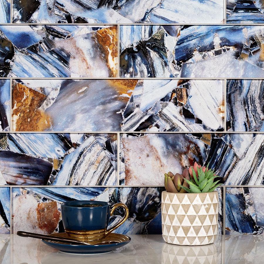  Gold and Blue Agate Glass Tile add Rich Gemstone Color and Neutral Details to Modern Boho Home Decor