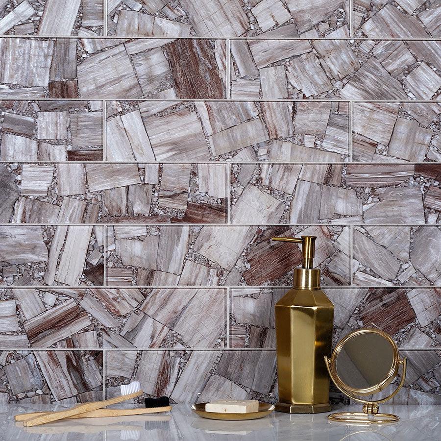 3" x 12" Agate and Shale Glass Tile Backsplash for a Neutral Bathroom with Gold Decor