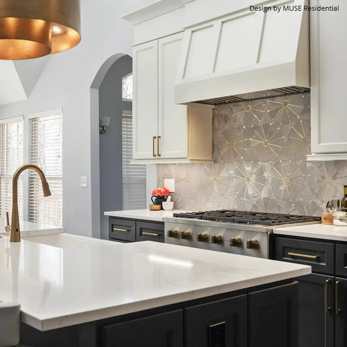Wheel Deco Gray Marble and Brass Inlay Mosaic Tile | Tile Club