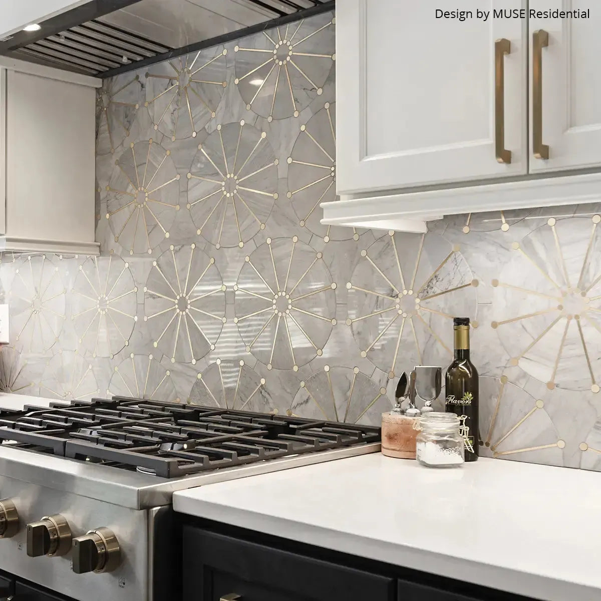 Wheel Deco Gray Marble and Brass Inlay Mosaic Tile | Tile Club