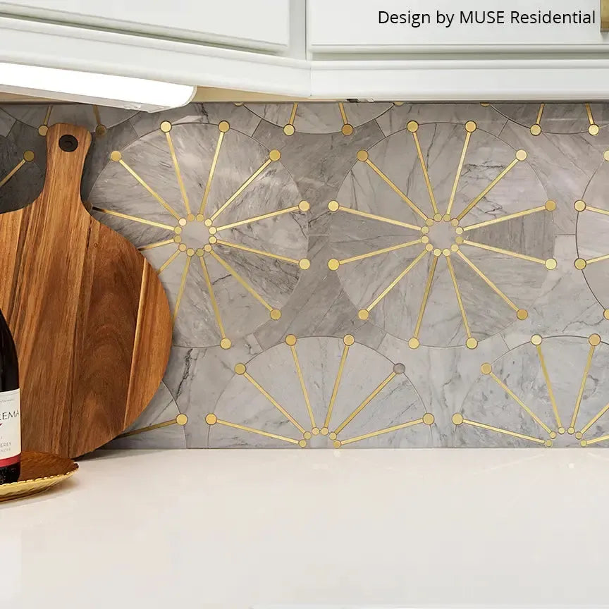 Wheel Deco Gray Marble and Brass Inlay Mosaic Tile | Tile Club