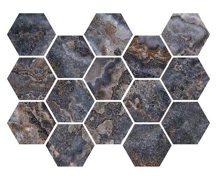 Emporio Baroque Blue Hex Porcelain Mosaic Tile Floors and Walls