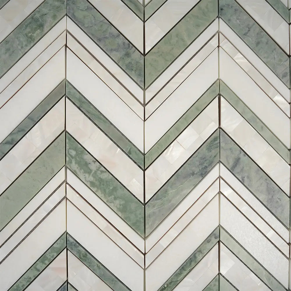 Envy Chevron Pearl Green Marble and Shell Tile | Tile Club