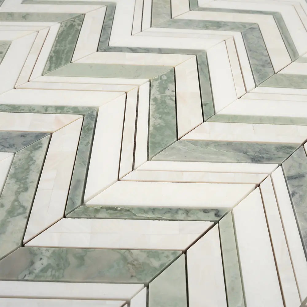 Envy Chevron Pearl Green Marble and Shell Tile | Tile Club