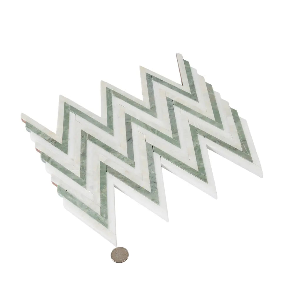 Envy Skinny Chevron Pearl Green Marble and Shell Tile | Tile Club