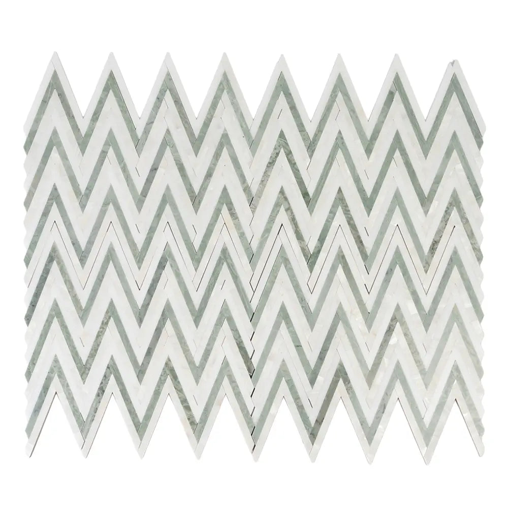 Envy Skinny Chevron Pearl Green Marble and Shell Tile | Tile Club