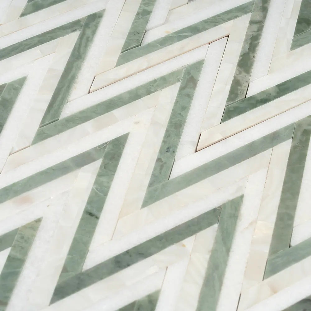 Envy Skinny Chevron Pearl Green Marble and Shell Tile | Tile Club
