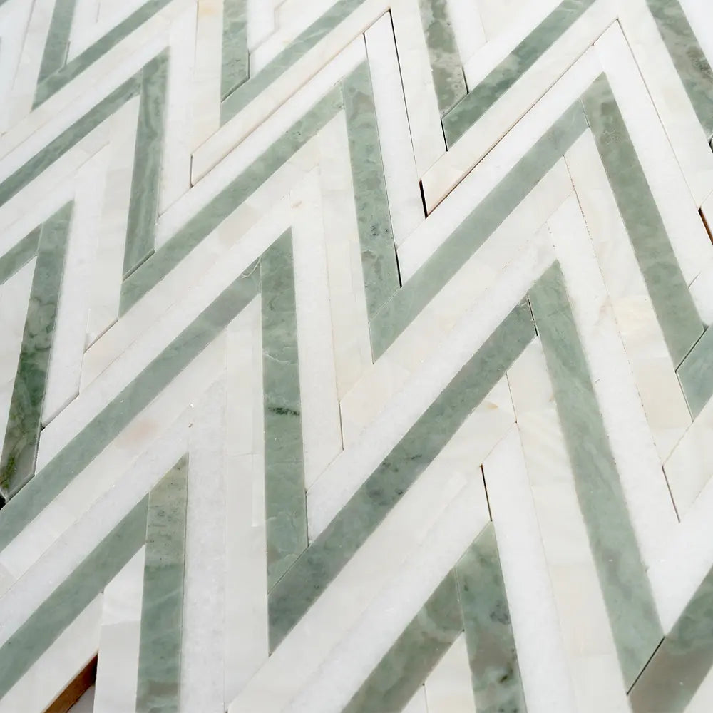 Envy Skinny Chevron Pearl Green Marble and Shell Tile | Tile Club