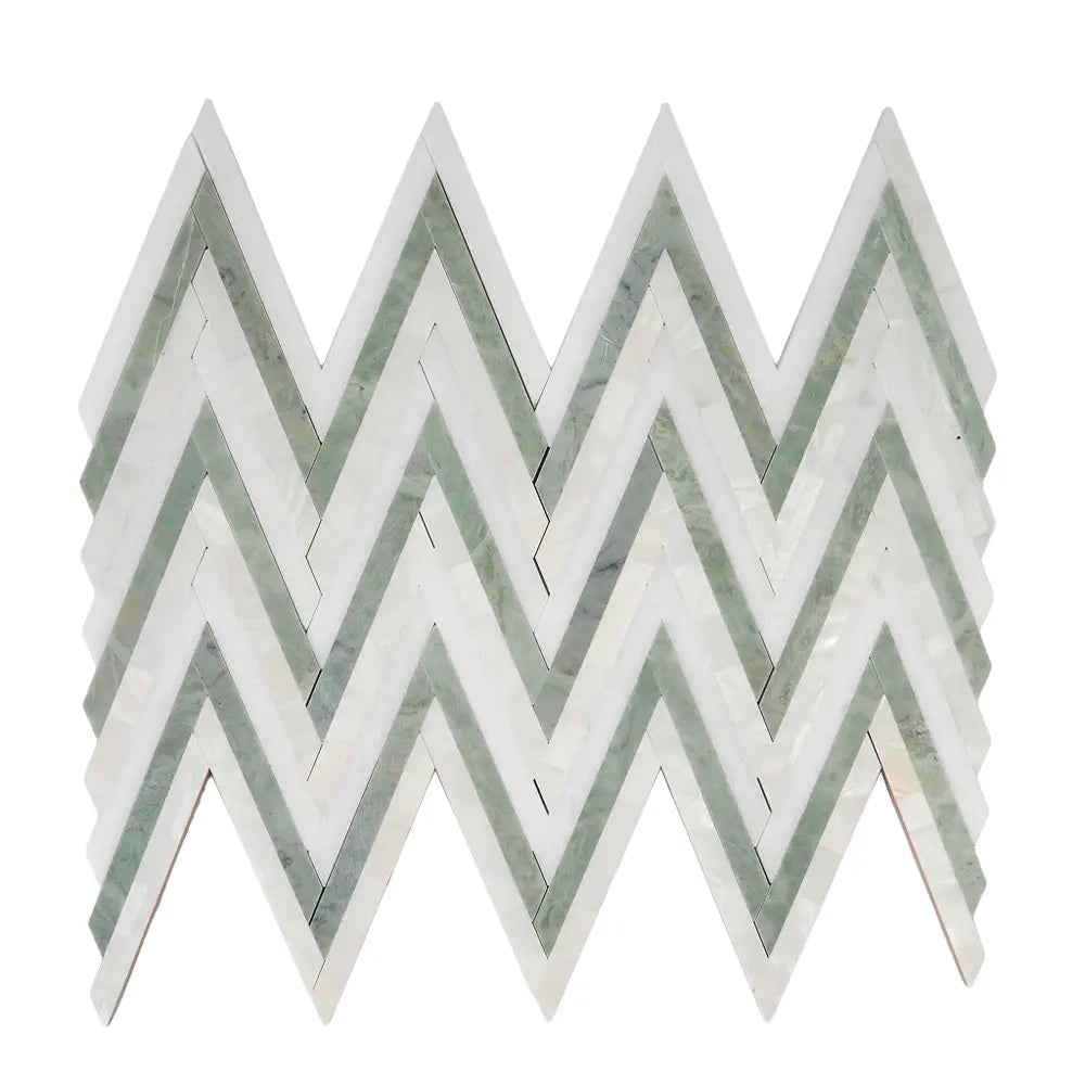 Envy Skinny Chevron Pearl Green Marble and Shell Tile | Tile Club