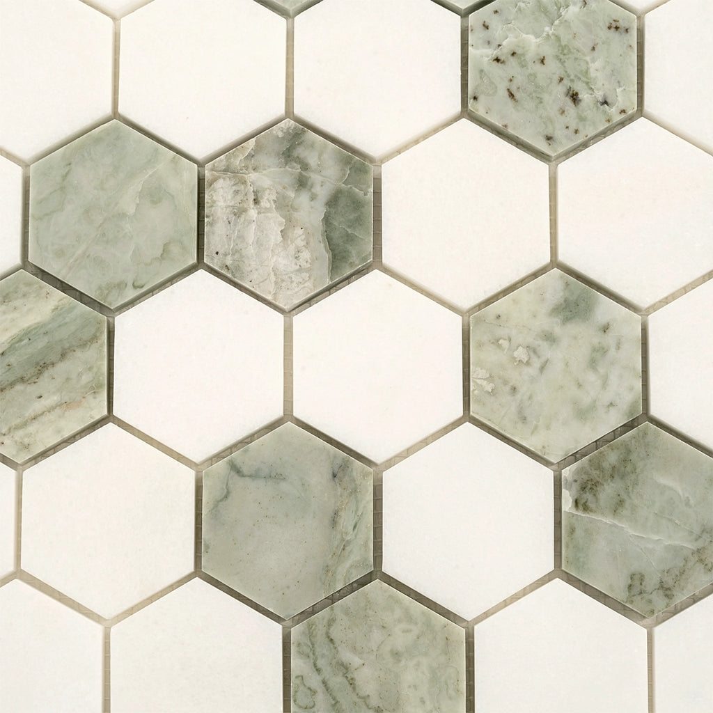 Envy Green & White Marble Hexagon Mosaic Tile | Tile Club
