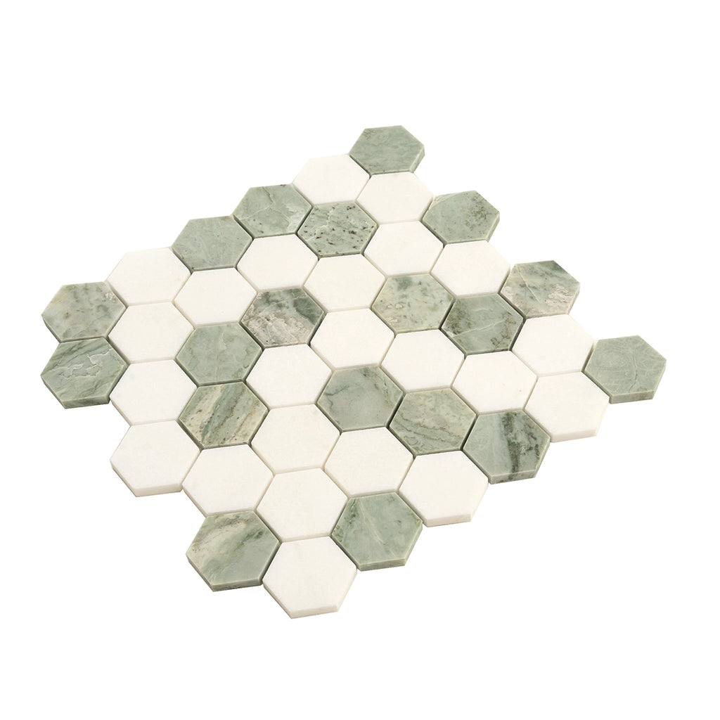 Envy Green & White Marble Hexagon Mosaic Tile | Tile Club