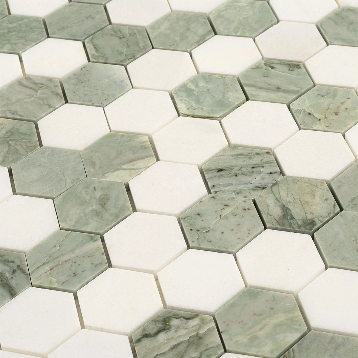 Envy Green & White Marble Hexagon Mosaic Tile | Tile Club