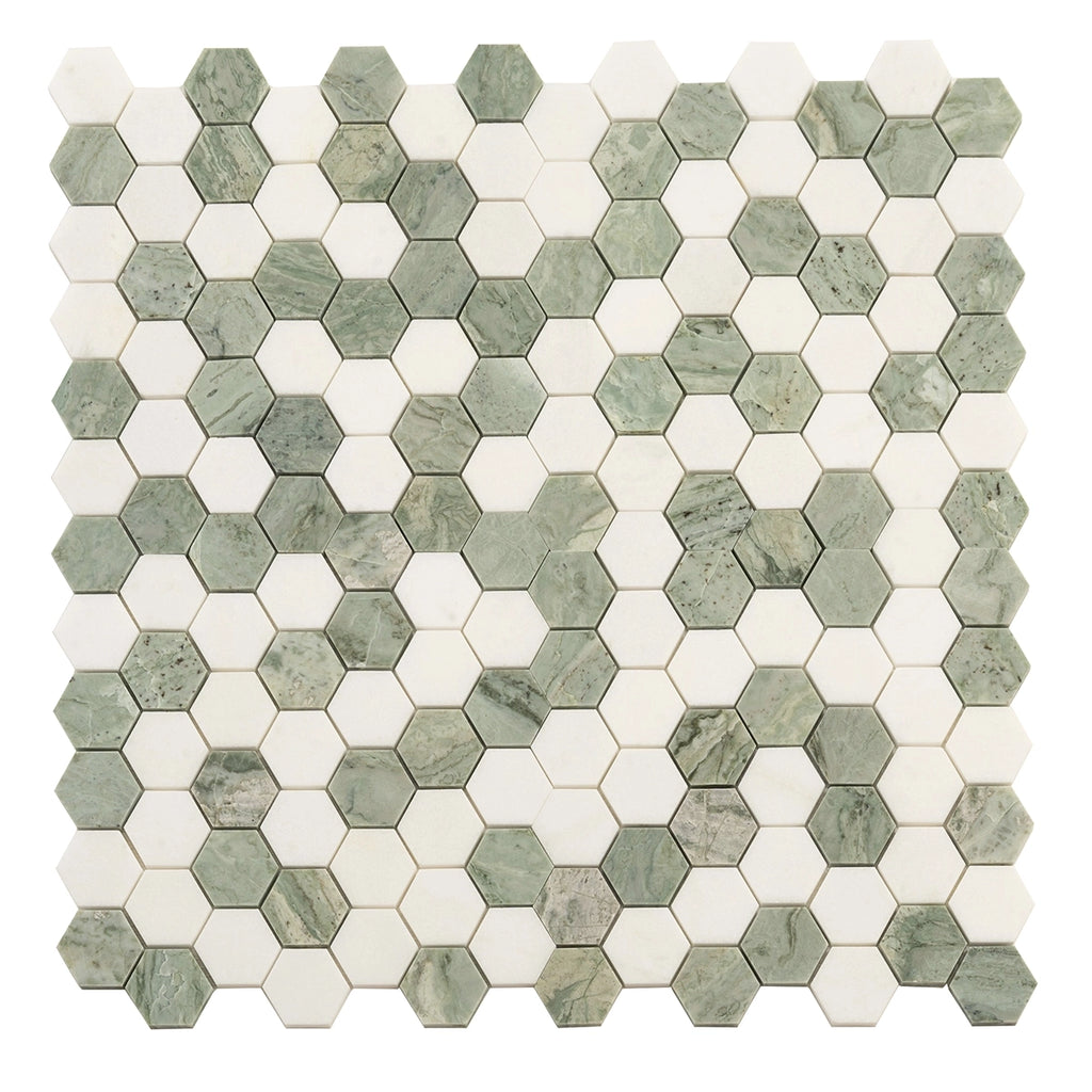 Envy Green & White Marble Hexagon Mosaic Tile | Tile Club