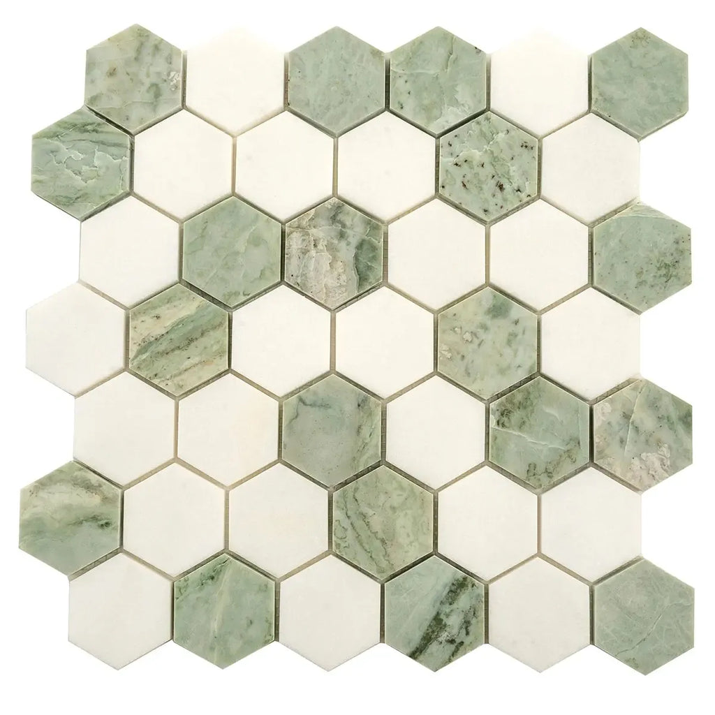 Envy Green & White Marble Hexagon Mosaic Tile | Tile Club