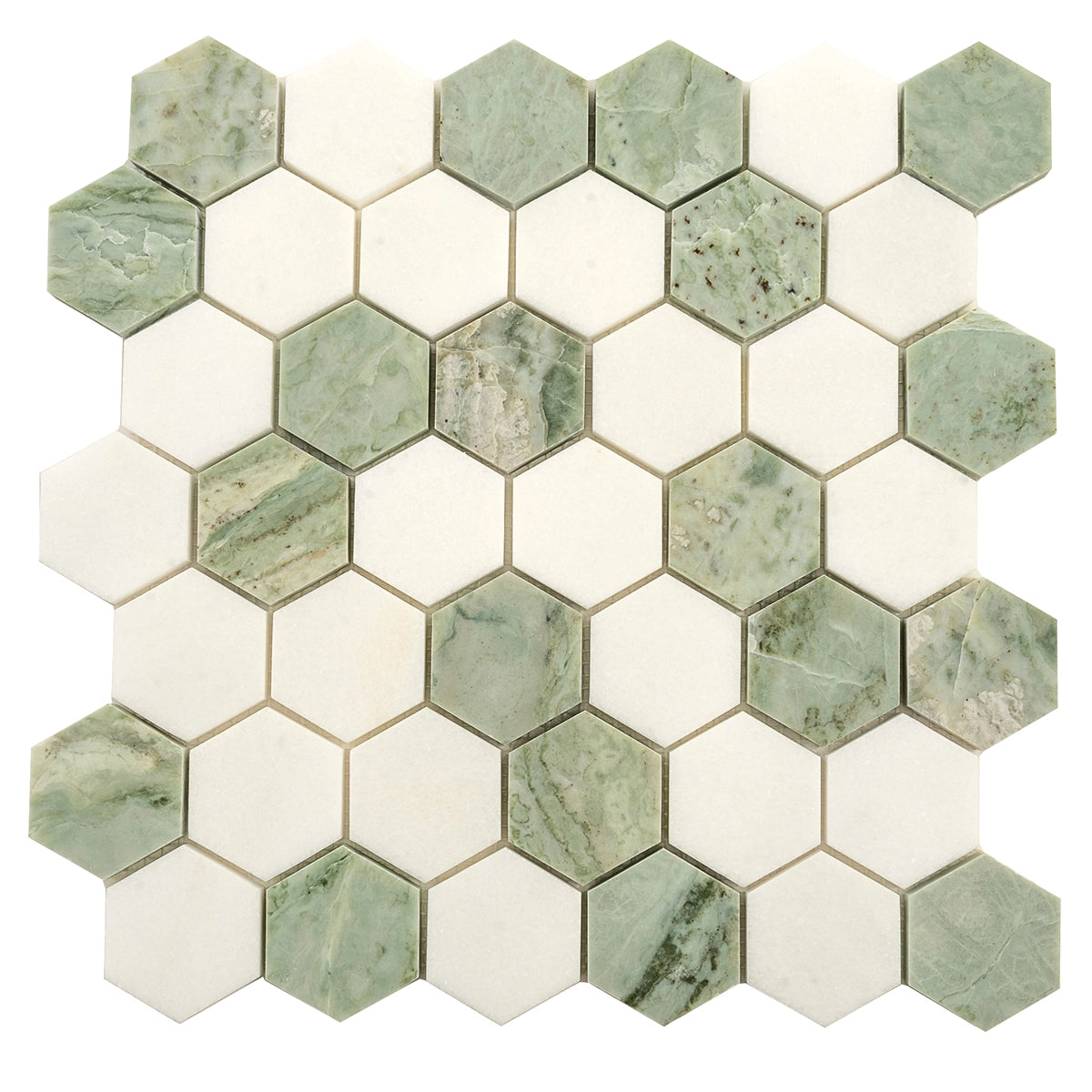 Envy Green & White Marble Hexagon Mosaic Tile Sample | Tile Club