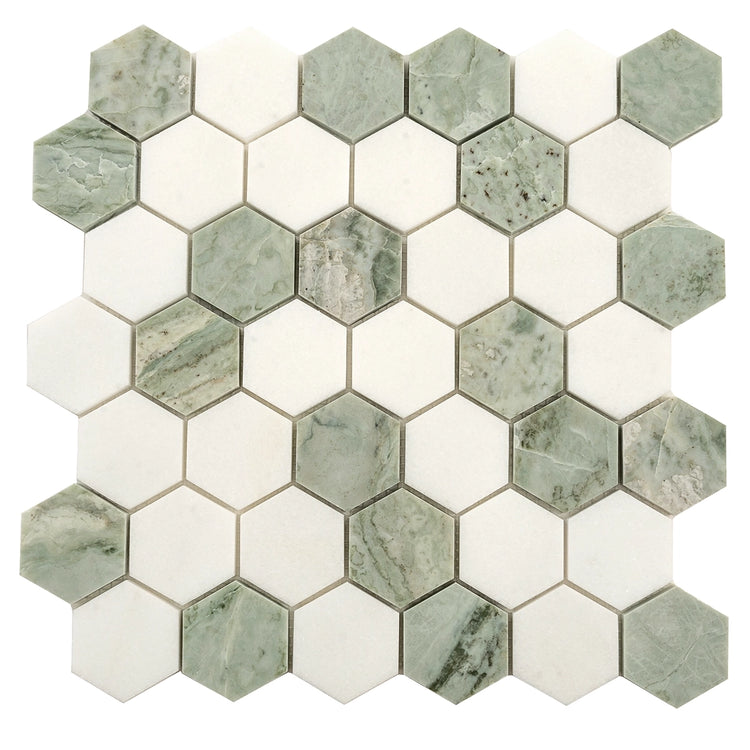 Envy Green & White Marble Hexagon Mosaic Tile | Tile Club