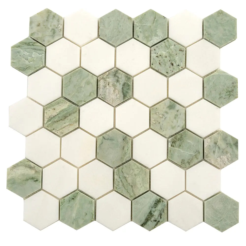 Envy Green & White Marble Hexagon Mosaic Tile | Tile Club