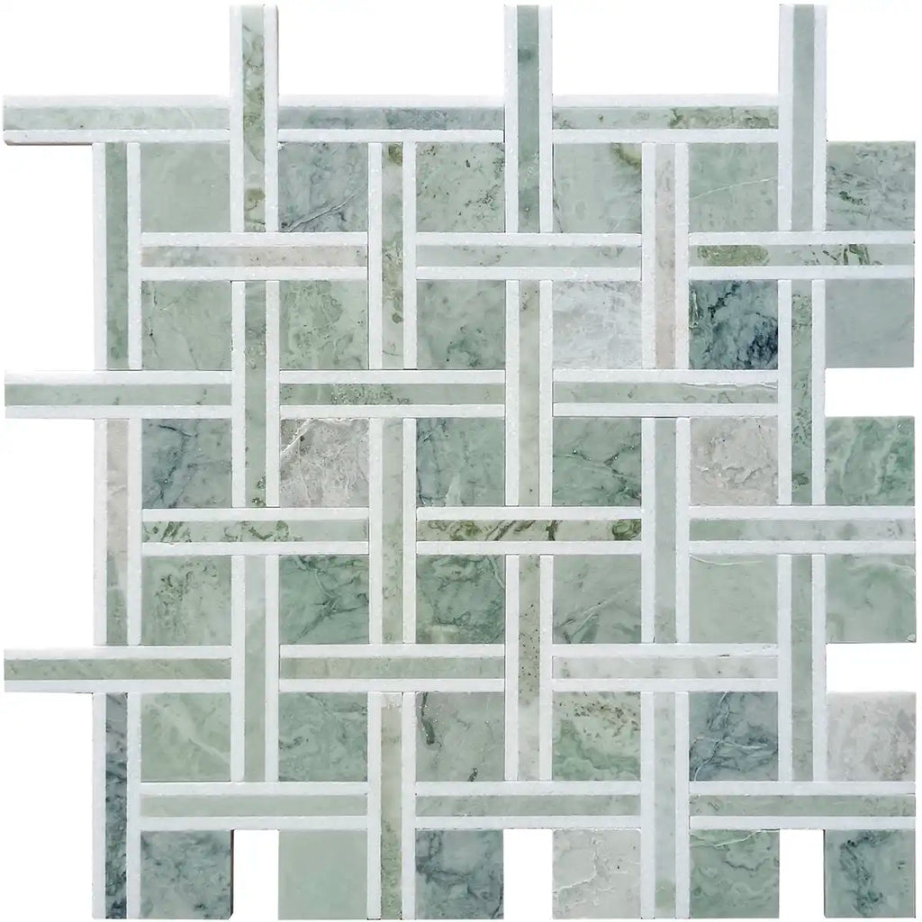 Envy Green and White Basketweave Mosaic Tile | Tile Club
