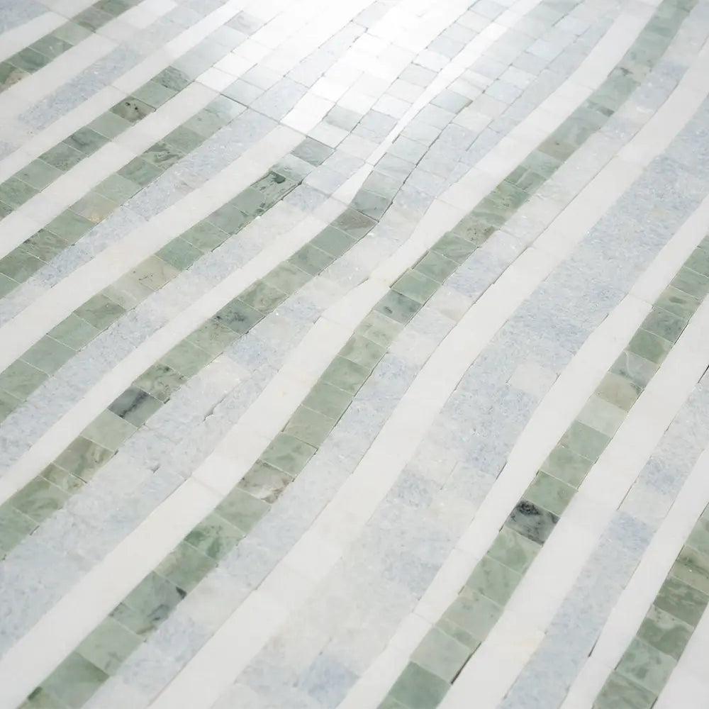 Envy Green and Thassos Waterfall Marble Mosaic Tile | Tile Club