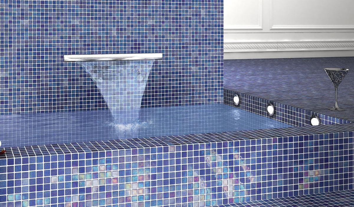 Blue glass iridescent tile water fountain pool