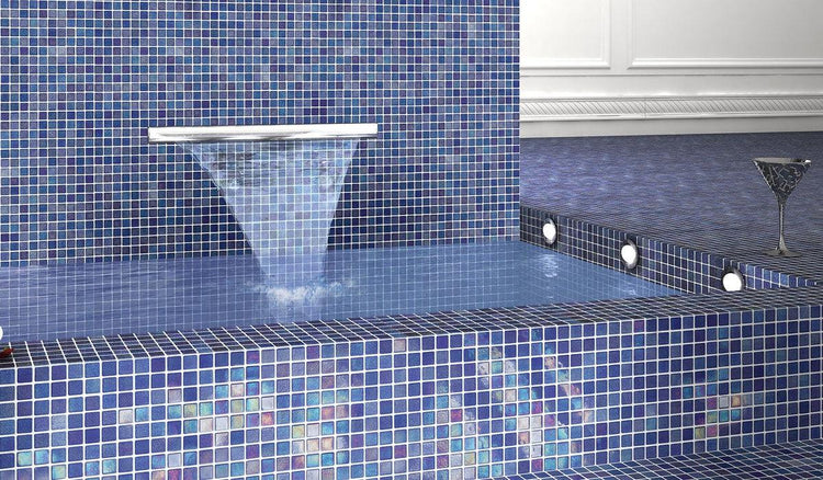 Blue glass iridescent tile water fountain pool