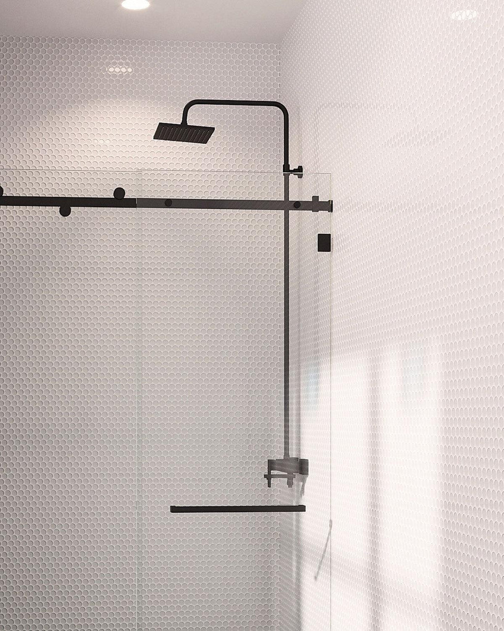 Ice White Glass Penny Round Tile Walk In Shower