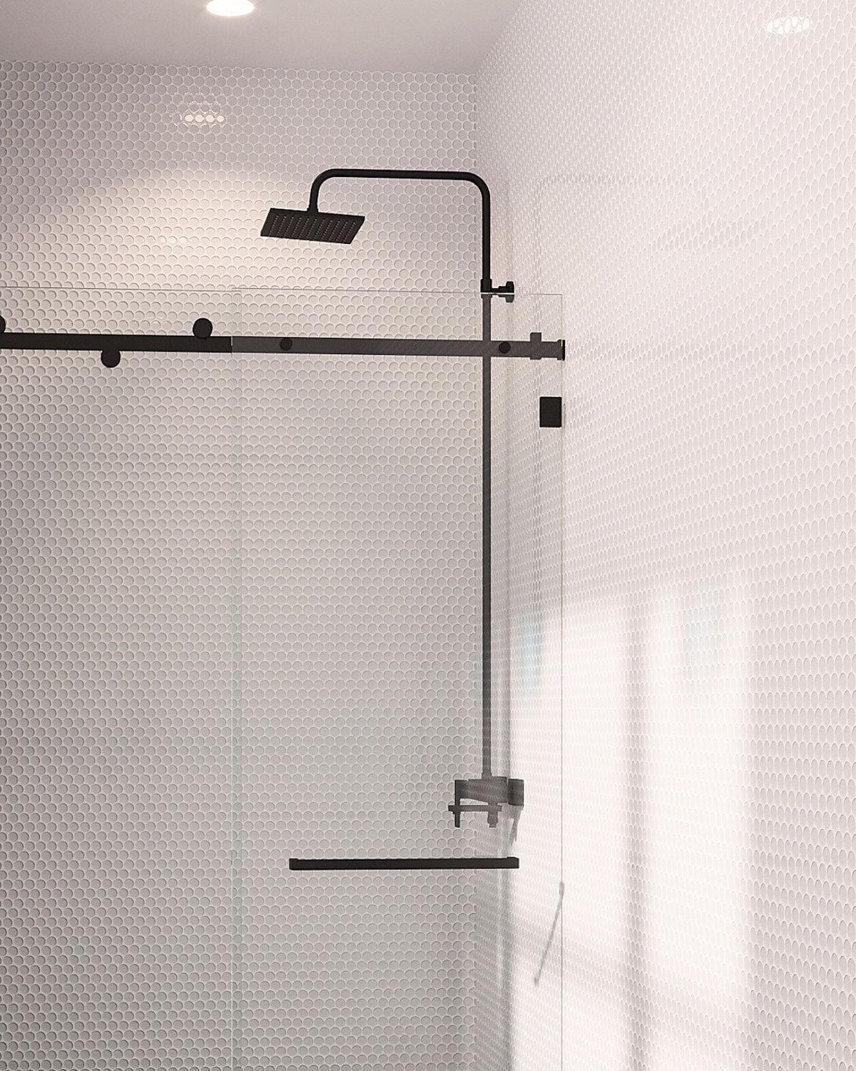 Ice White Glass Penny Round Tile Walk In Shower