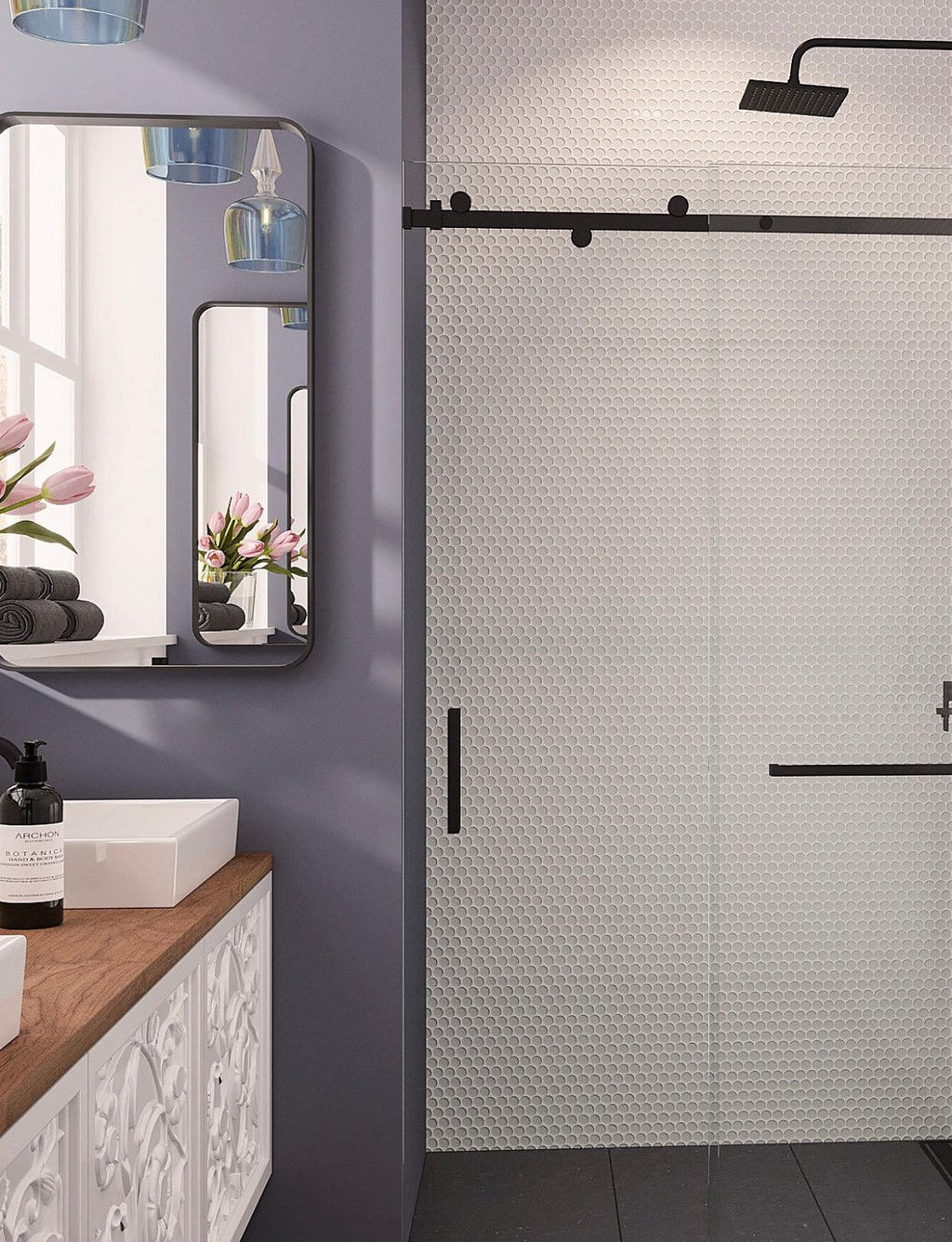 Ice White Glass Penny Round Tile Walk In Shower