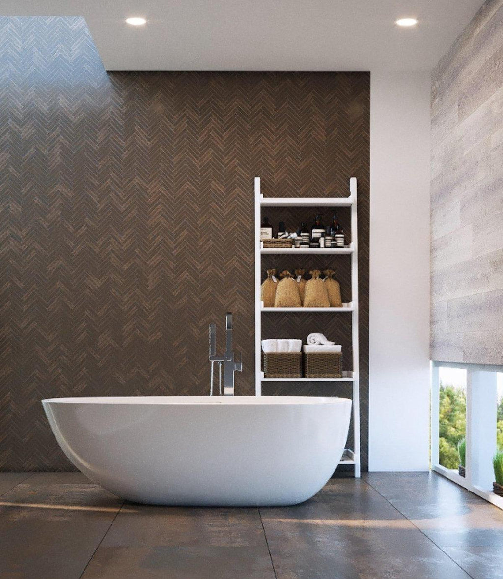 Copper porcelain herringbone tile bathtub surround