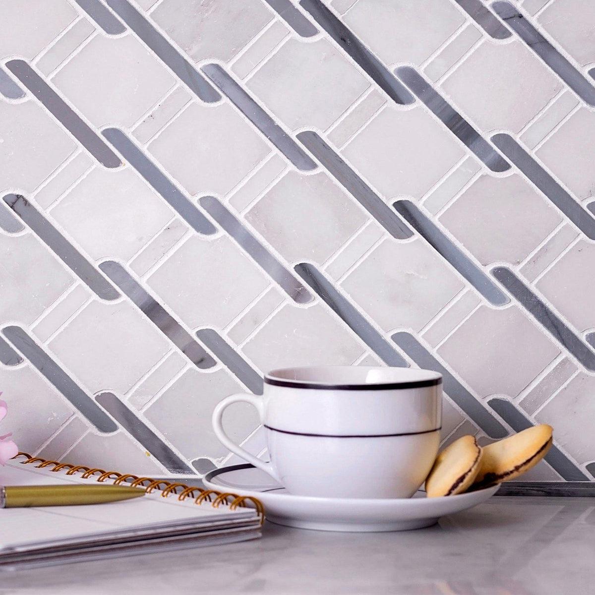 Italiano Bardiglio & Oriental White Marble Mosaic Tile