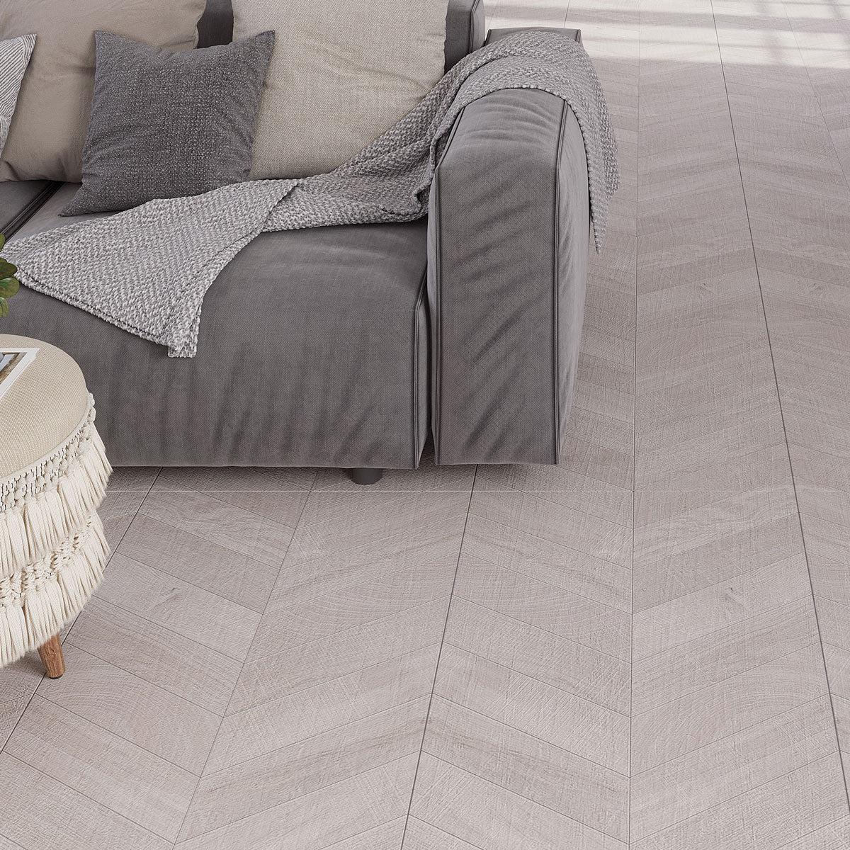 Japandi Chevron Gray Wood-Look Tile Flooring