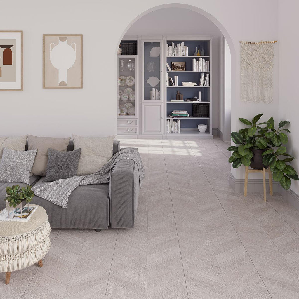 Japandi Chevron Gray Wood-Look Tile Flooring | Tile Club