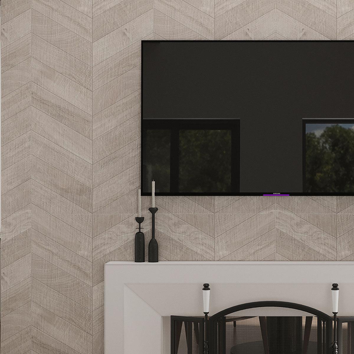 Gray  chevroon wood look floor and wall tile