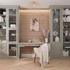 Home office with textured wood look tile feature wall