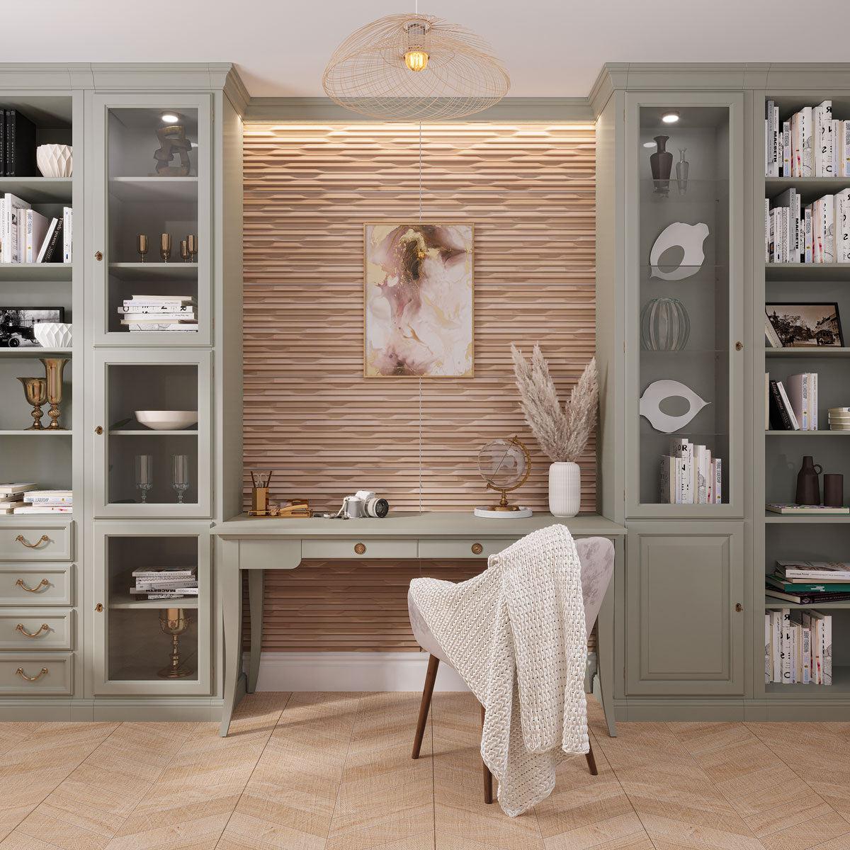 Home office with textured wood look tile feature wall