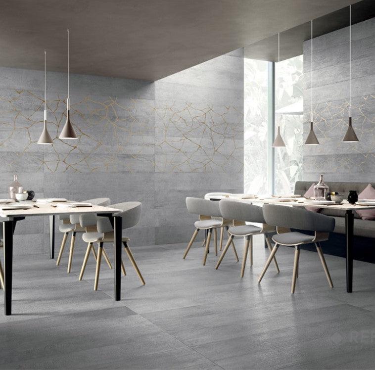 Gray porcelain wall and floor tiles with Japanese inspired design