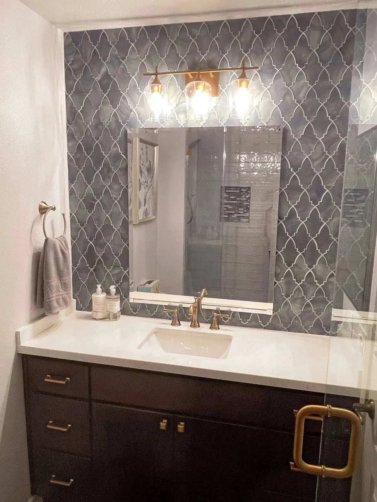 Bathroom Vanity Wall with Sea Glass Louvre Blue Mosaic Tile Backsplash