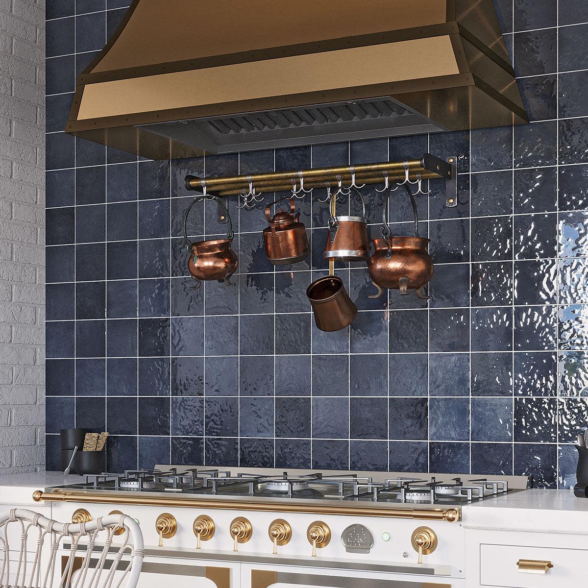 Handmade tile style in dark blue ceramic with a glossy finish