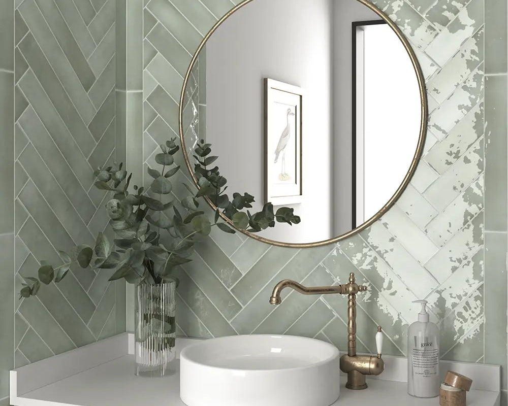 Herringbone pattern subway tile bathroom backsplash with Lake Mint Ceramic tiles