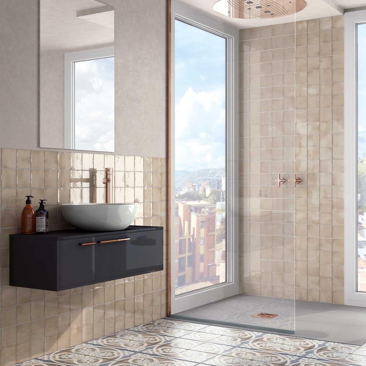 Modern bathroom with beige glazed ceramic tiles