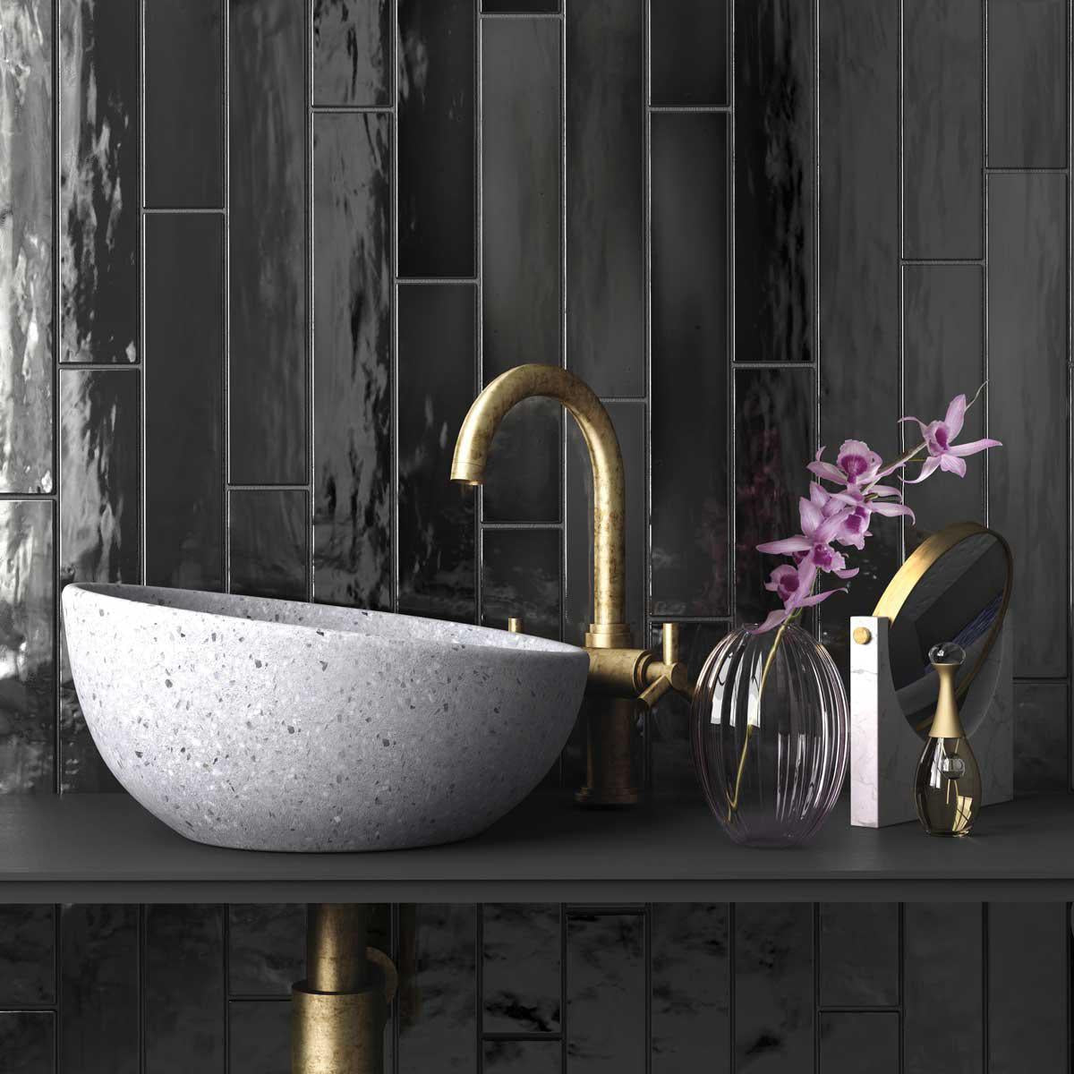 Glossy black ceramic wall tiles for a modern bathroom