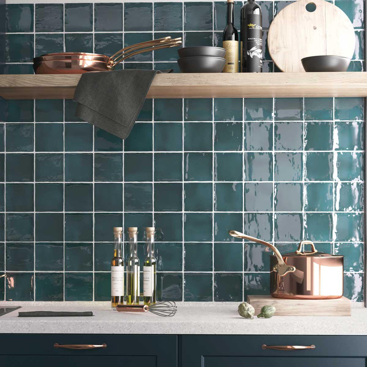Bold Teal ceramic wall tiles in a handcrafted design