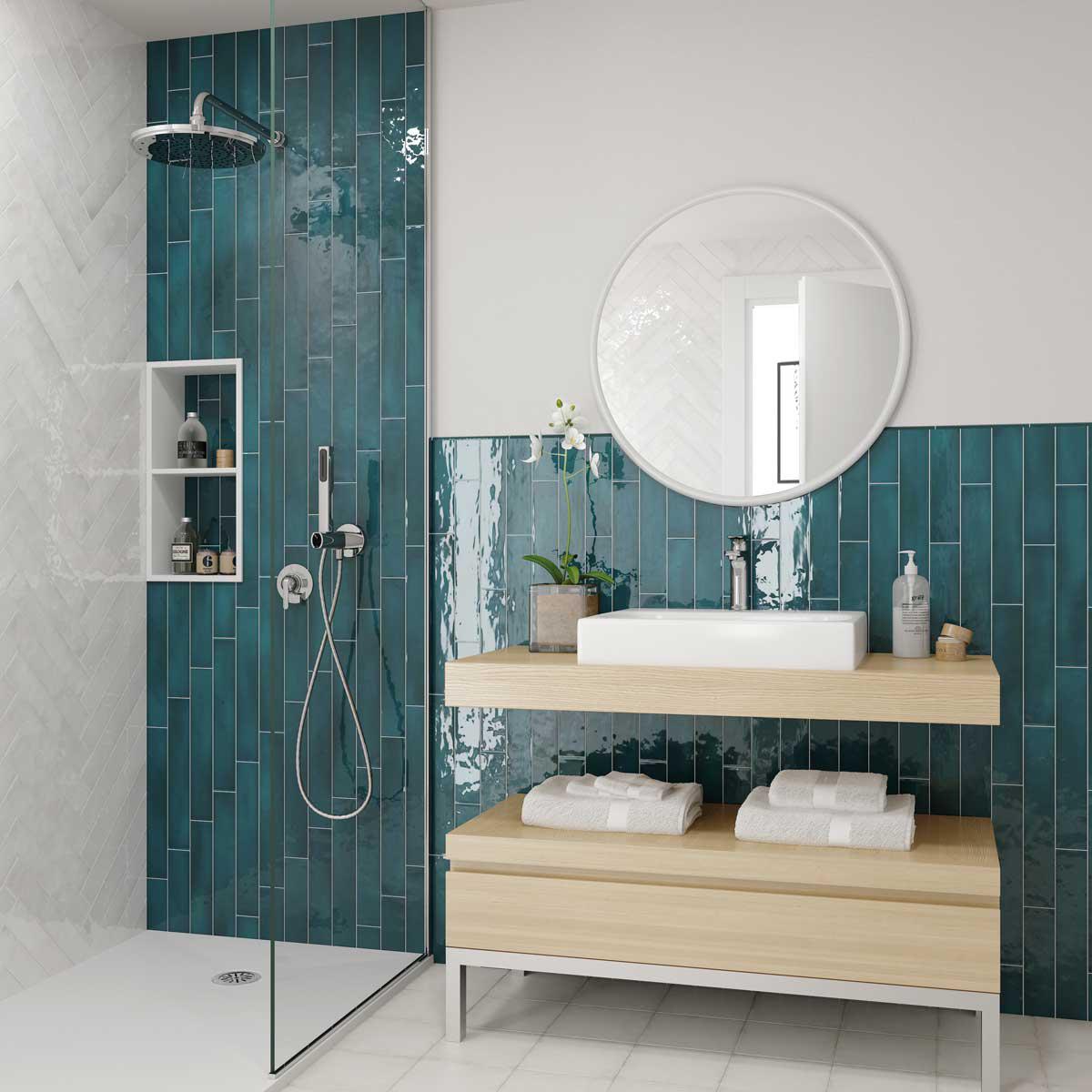 Contemporary bathroom ideas with colorful subway tiles and natural wood vanity