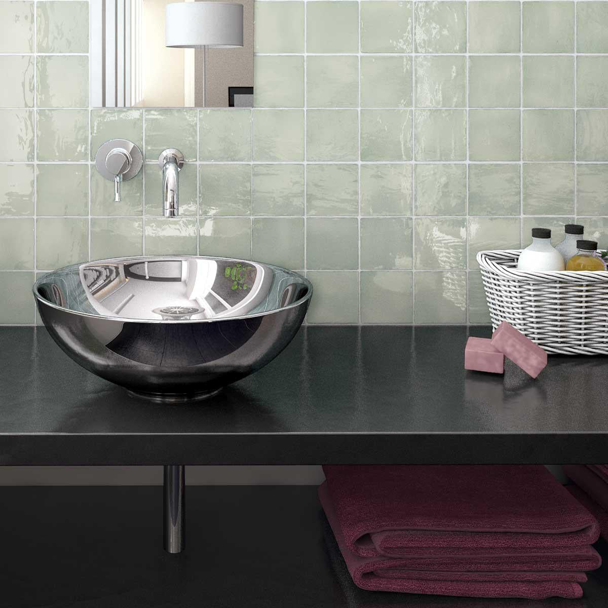 Pastel green ceramic square tiles for a refreshing bathroom design