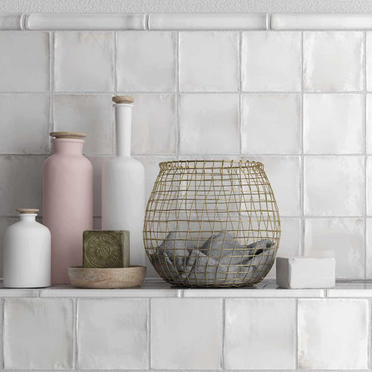 Glazed white square ceramic tiles with a handcrafted look