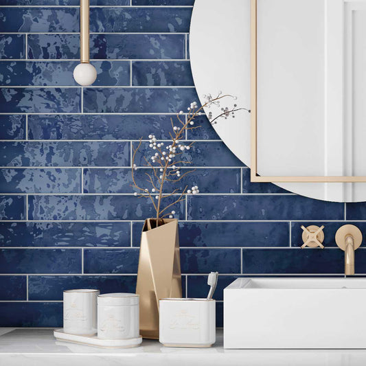 Bold blue ceramic subway tiles with a handcrafted look