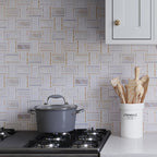 Neutral Kitchen with Large Basket Weave Tile in Calacatta Gold
