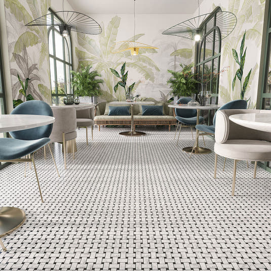 Large Carrara Basket Weave Tile with Black Dots | Tile Club