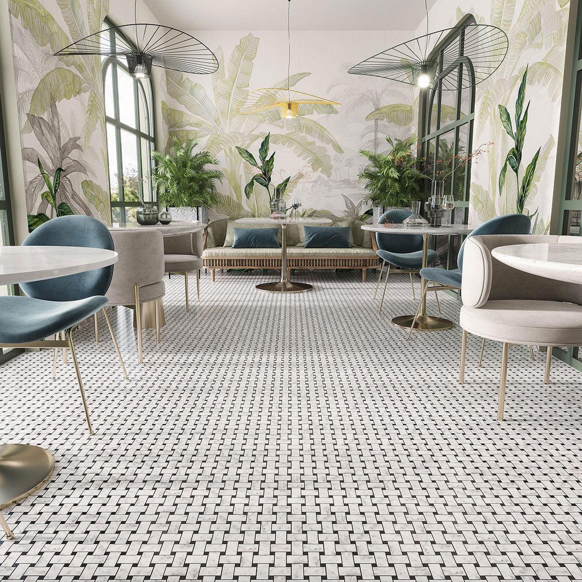 Large Carrara Basket Weave Tile with Black Dots | Tile Club